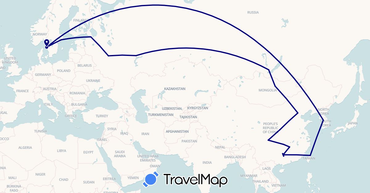 TravelMap itinerary: driving in China, South Korea, Mongolia, Russia, Sweden, Taiwan (Asia, Europe)
